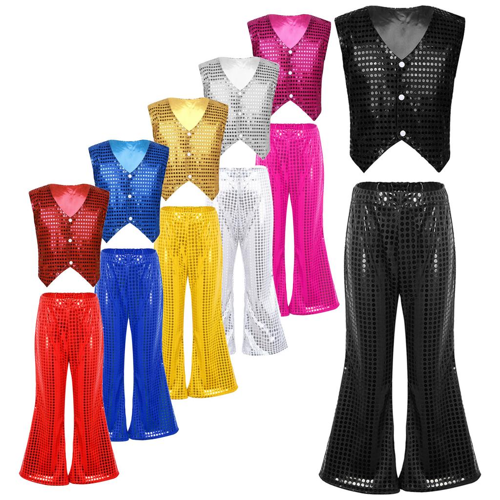 Kids Boys Girls Stage Performance Outfit - Glittery Sequined Vest & Elastic Waist Flared Pants Two-Piece Set