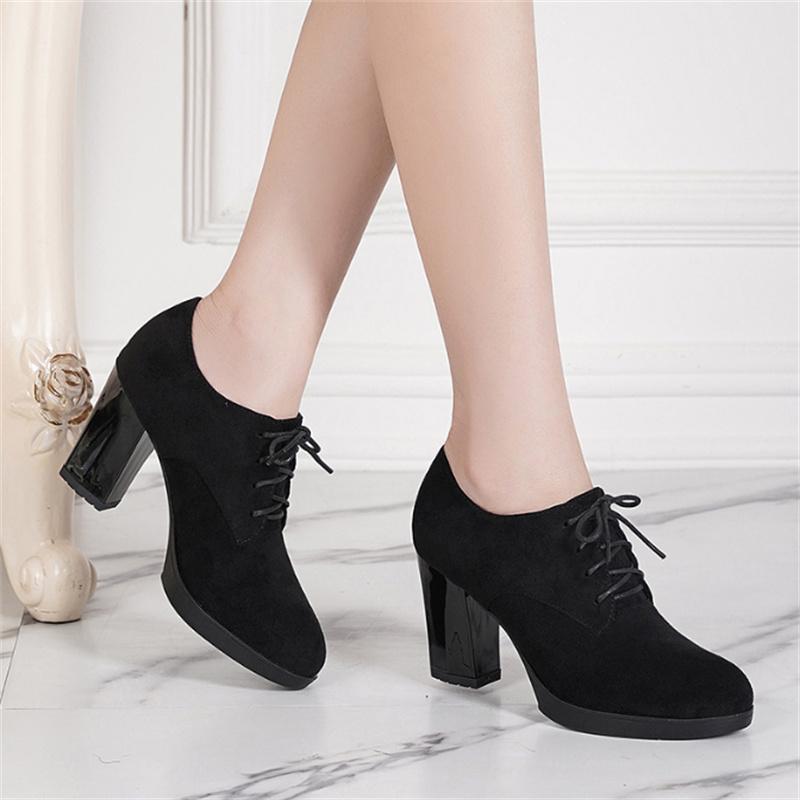 Women's High Heels Shoes Platform Bottom Black Work Shoes Woman Dress Spring Autumn Round Toe Thick Heel Big Size 43 Casual Pump