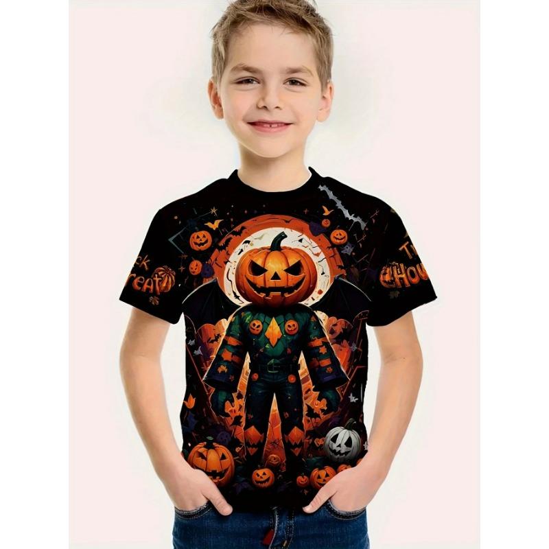 Ubrania Dziecięce Chłopięce Halloween Rekin Dynia Nadruk Chłopięcy T-shirt Krótki Rękaw Kreskówkowy Graficzny T-shirty O-Neck Odzież Dziecięca