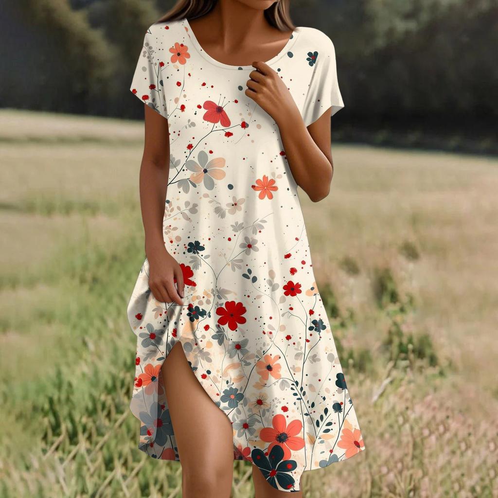 Short Sleeve Boho Dress For Women Casual Loose Fit Summer Sundress Floral Print Dress With Pockets