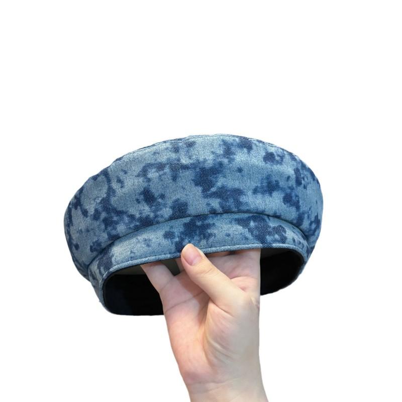 High-Quality Tie-Dye Denim Cap Women Fashionable Small Face-Flattering Beret Light Luxury Style