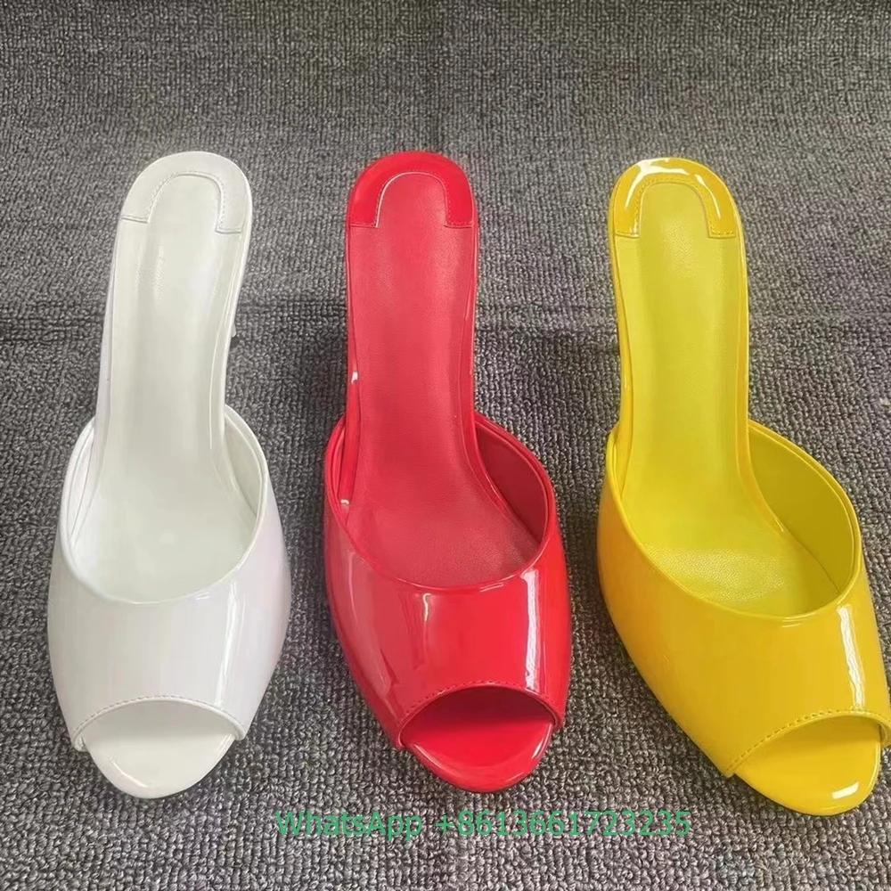 Fashion Genuine Leather Peep Toe Thin Heel Women Slippers Solid Summer Fashion Sandals Slip-On Shallow Patent Leather Shiny Sandals