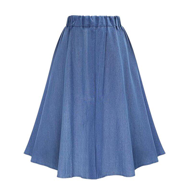 Women's A-Line High Waist Button Pleated Midi Skirt With Elastic Waist Knee Length