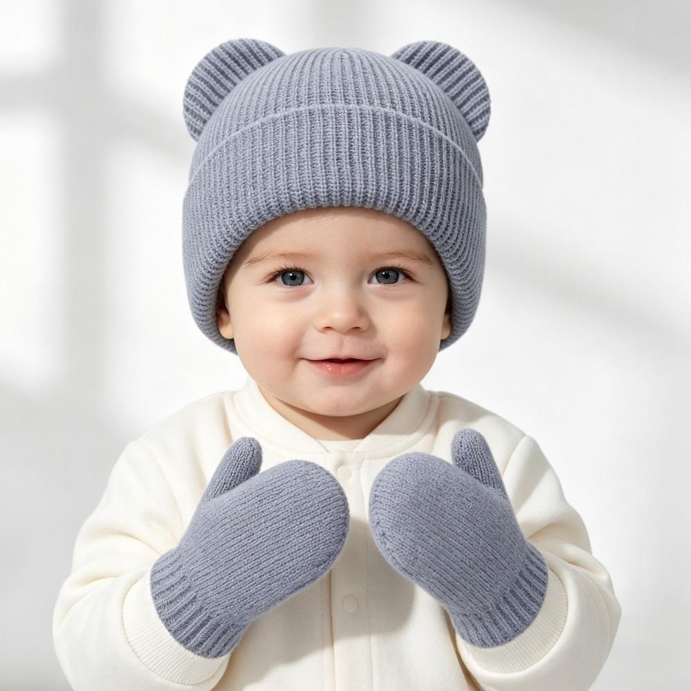Knitted Bear Ear Earflap Hat Warm Knitted Hat Glove Set Children's Winter Hat for Boys Girls Kids