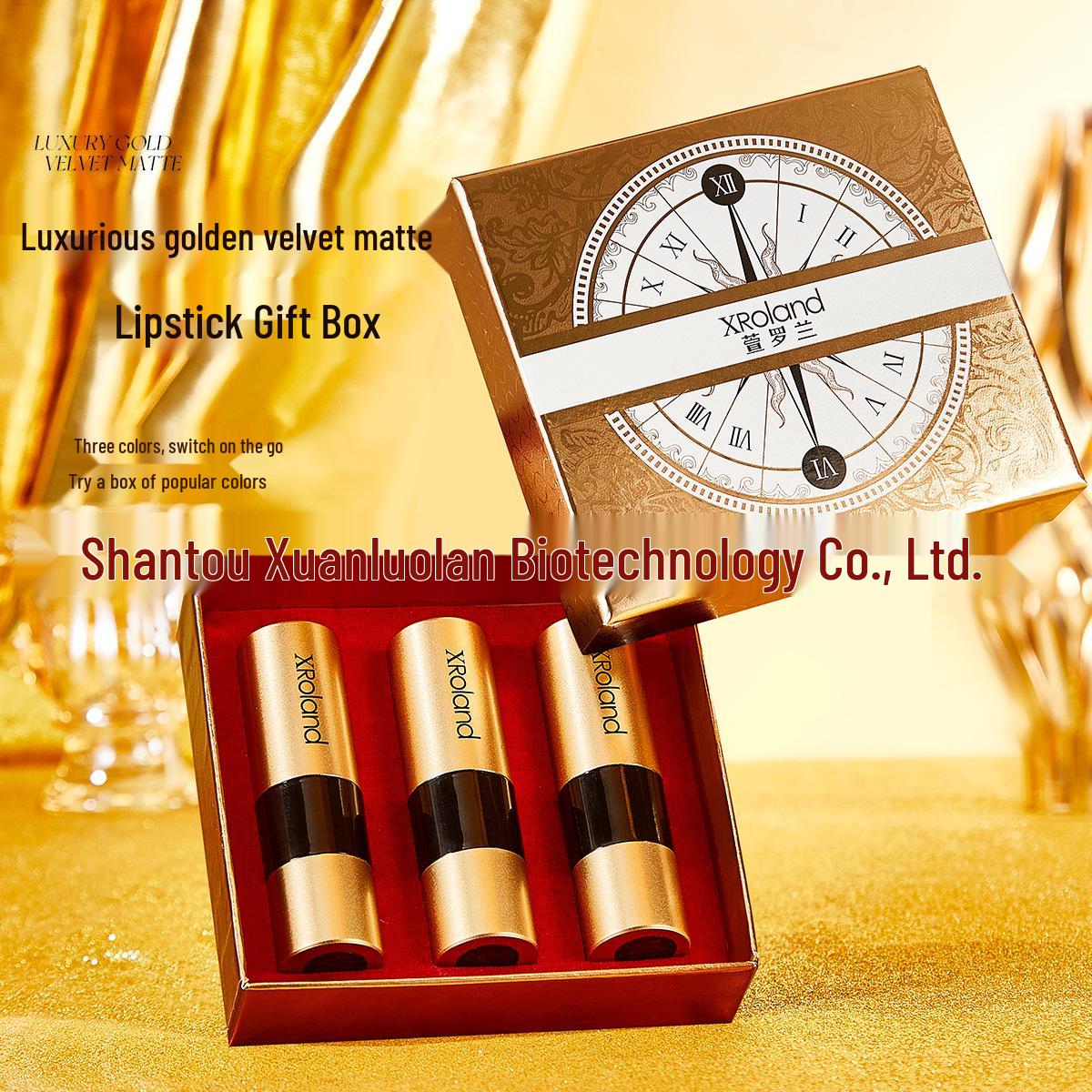 XRoland Xuanluolan Luxury Velvet Matte Lipstick Set: Gold, Easy-Apply, Highly Pigmented, 3-Piece.