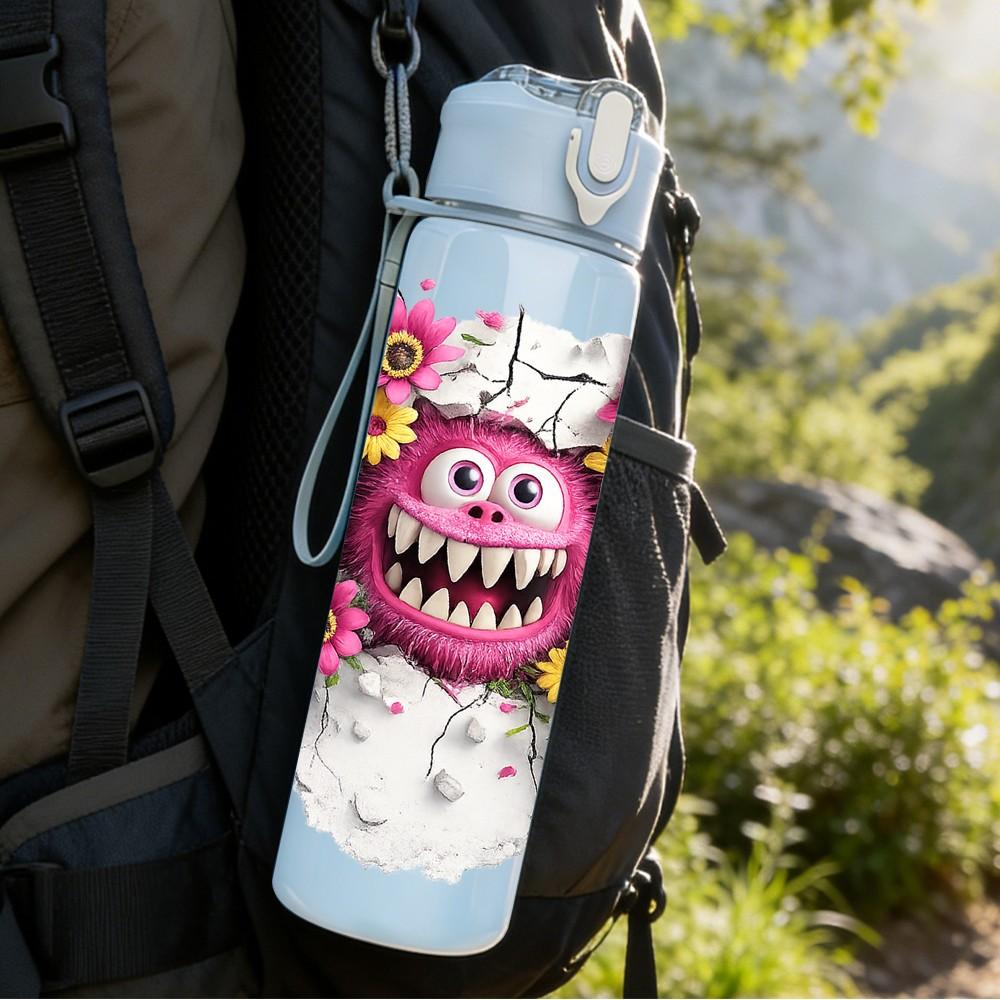 1PC Twin Monster Halloween Cartoon Print 750ml Color Plastic Sports Water Bottle Leakproof Flip Straw Lid Suitable for Sports Office Home Use