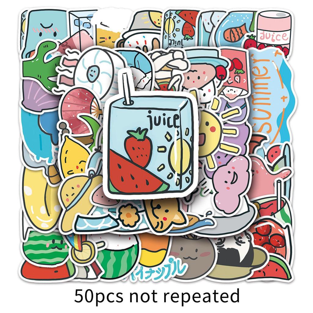 50 Hand-Painted Waterproof Cartoon Summer Stickers for Milk Tea Cups & Phone Cases