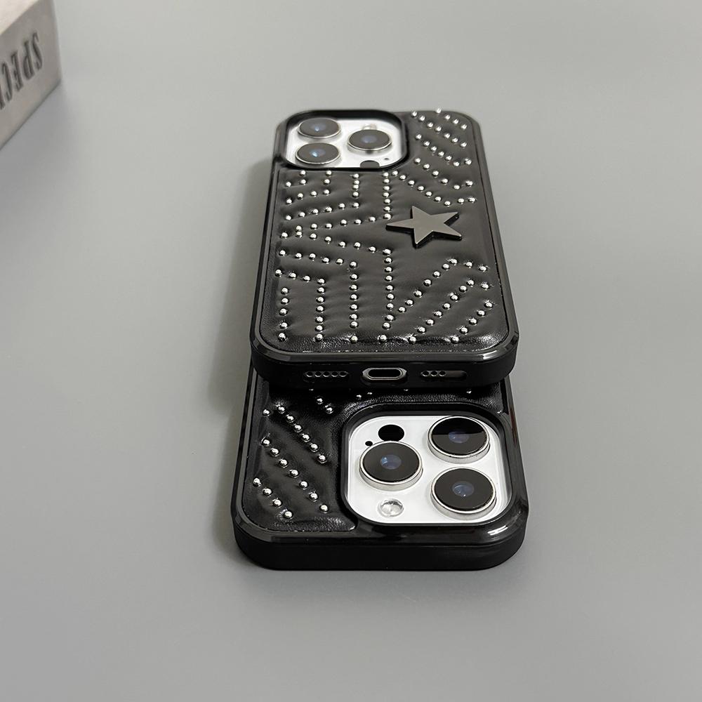 Fashion Silver Rivets Five-pointed Star Leather Shockproof Phone Cover Case for iPhone 17 16 15 14 Pro Max 13 Protective Case