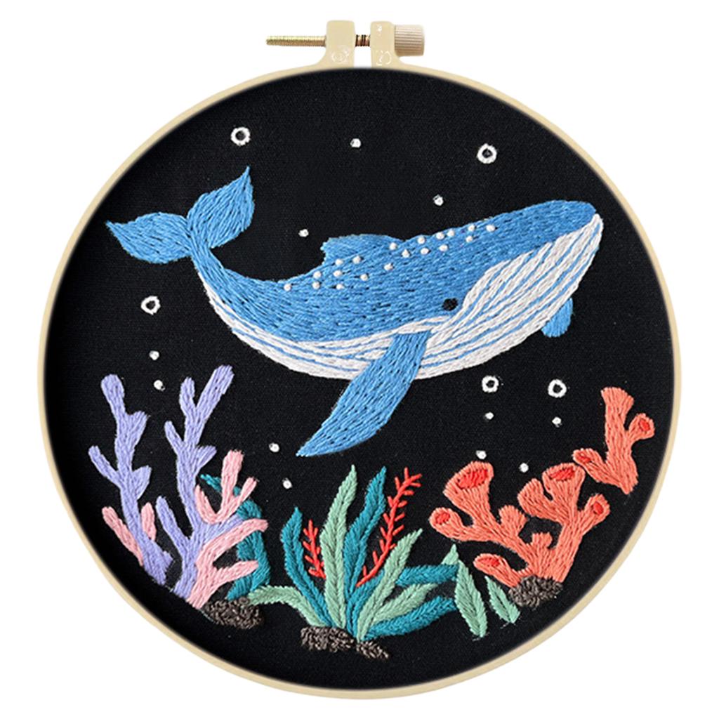Marine Animal DIY Stamped Embroidery Stitches Practice Kit with Embroidery Hoop Cross Stitch Kit 30x30cm for Beginners Adults