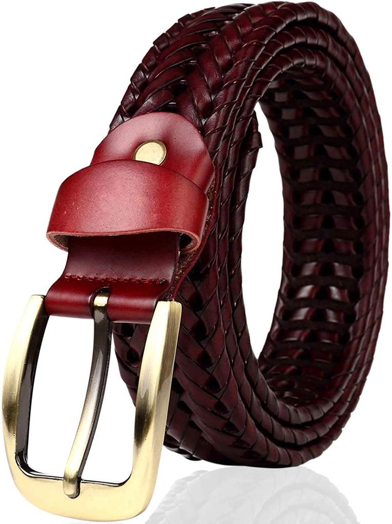 JINSELF German Leather Braided Belt for Men, Woven Cowhide, Wine, Champagne-Gold Buckle