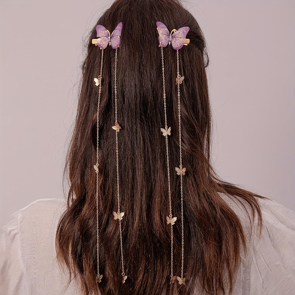 1Pair of Girls Retro Antique Gauze Butterfly Long Chain Grab Clip Hairpin Leisure Daily Travel Hairpin Headdress