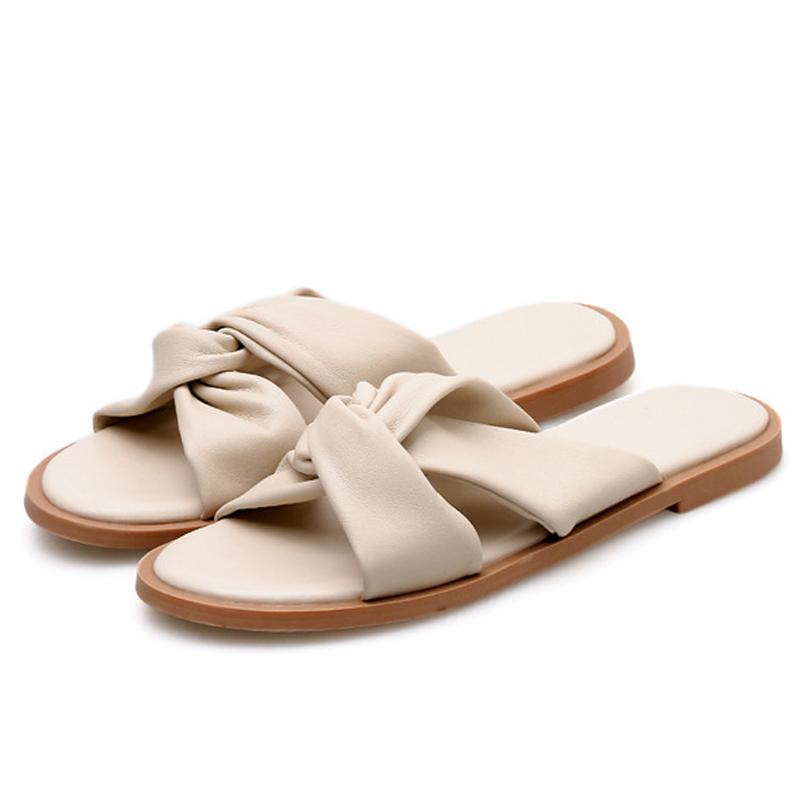 Fashion Soft Leather Twist Bow Slippers Woman Brief Cross Band Sandals Low Heels Slides Beach Shoes Summer Ladies Flipflops Casual Clogs