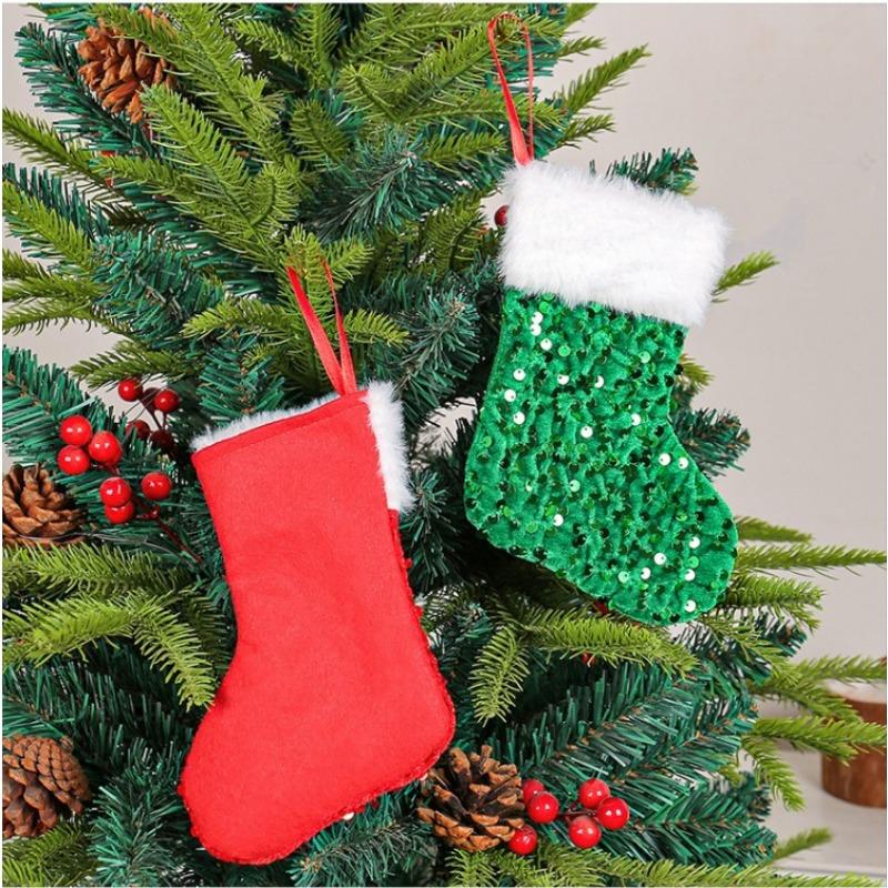 Glitter Christmas Stocking Pendant Plush White Border Sparkling Xmas Tree Decorations Candy Bags Home New Year Party Ornaments