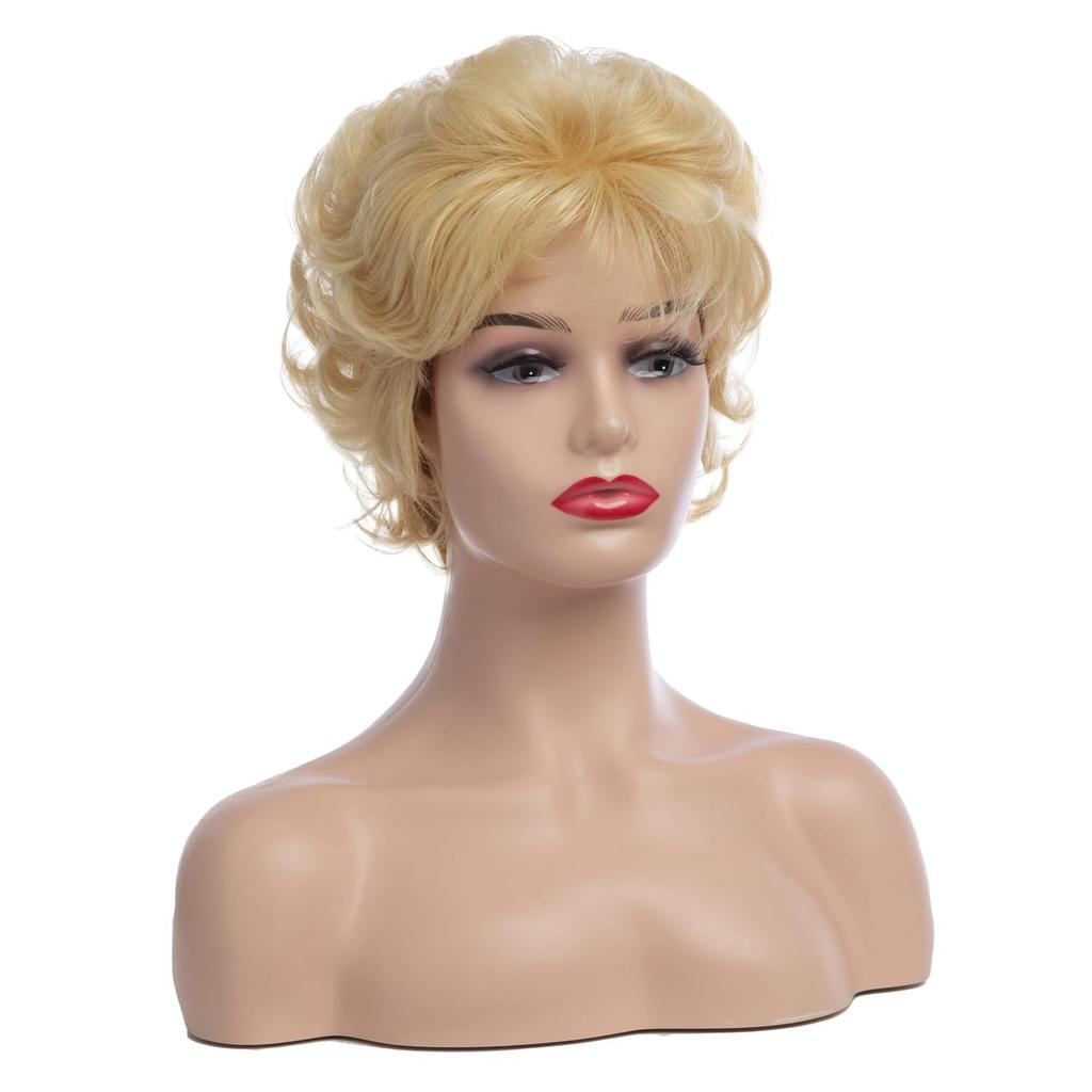Women Light Golden Wig with Bangs Natural Blonde Hair Short Curly Fluffy Wigs Daily Party Cosplay Heat Resistant Fibre