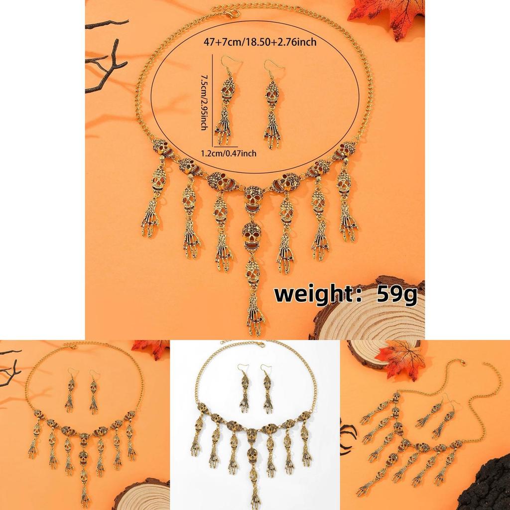 Halloween Skeleton Pendant Necklace And Earrings With Geometric Design For Women