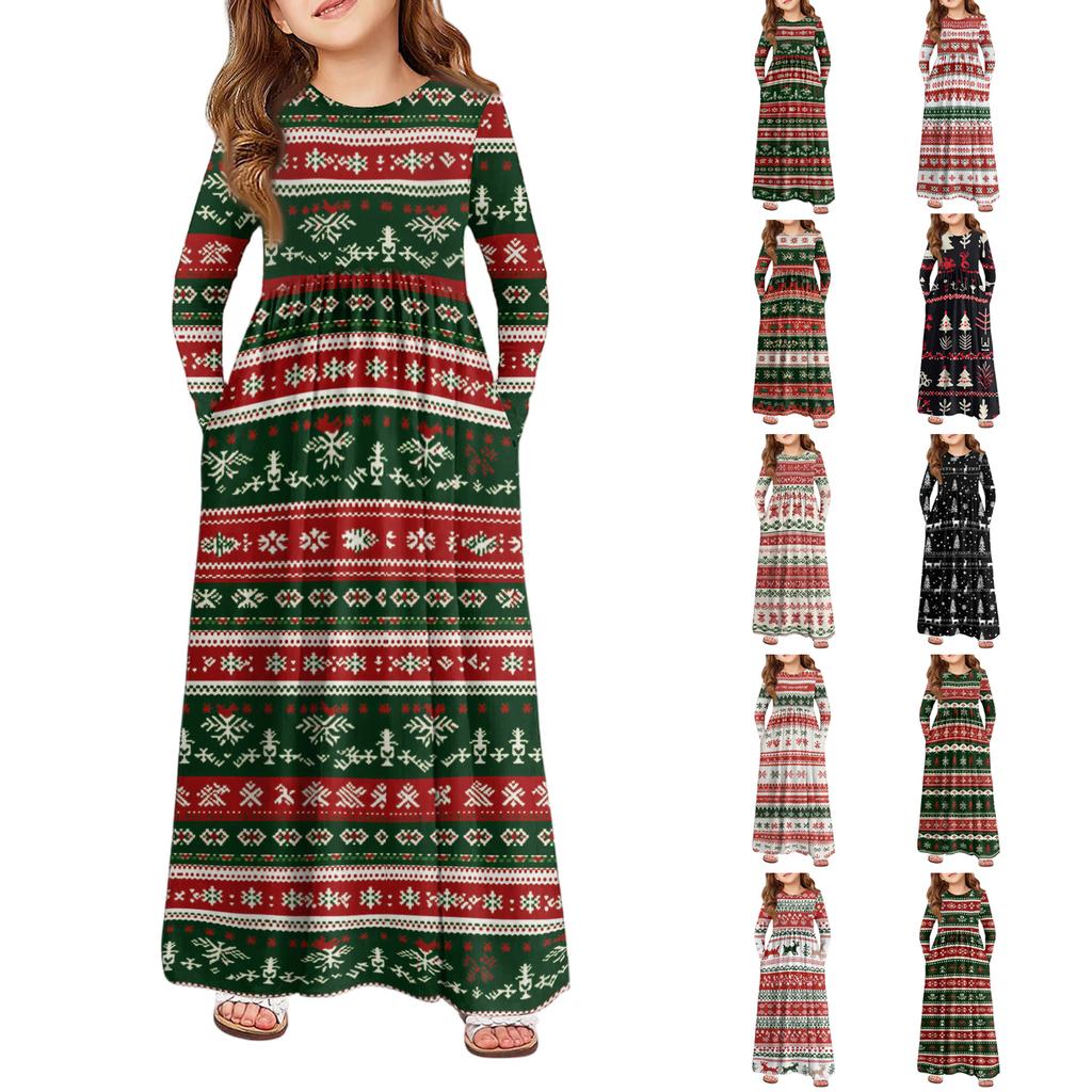 Dívčí maxi šaty - Šaty s dlouhým rukávem a kapsou Vánoční den