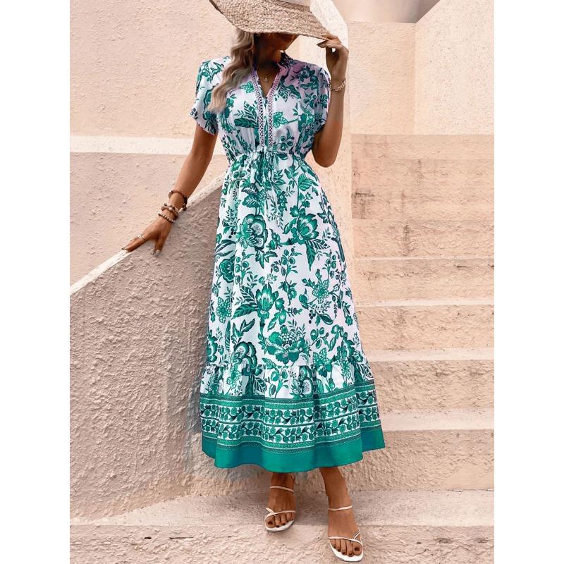

Жіноча Відпускна Повсякденна Блакитна Вінтажна Етнічна Сукня з Принтом В обтяжку XL зелений