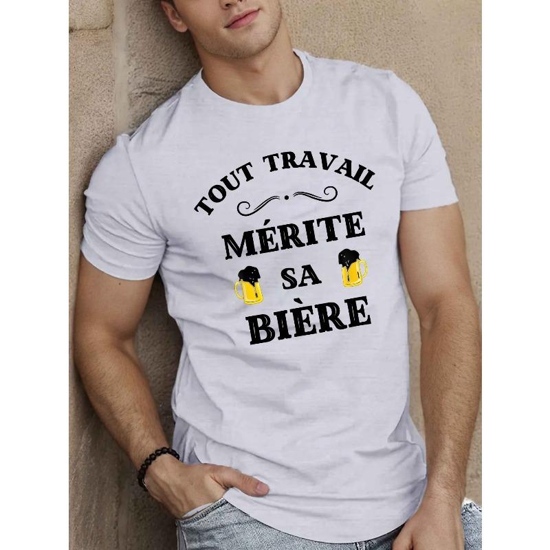 

Мужская повседневная футболка с французской пивной графикой, европейский размер - с коротким рукавом, полиэстер, летний топ с юмористическими иллюстрациями и пивными кружками, футболка на каждый день S белый