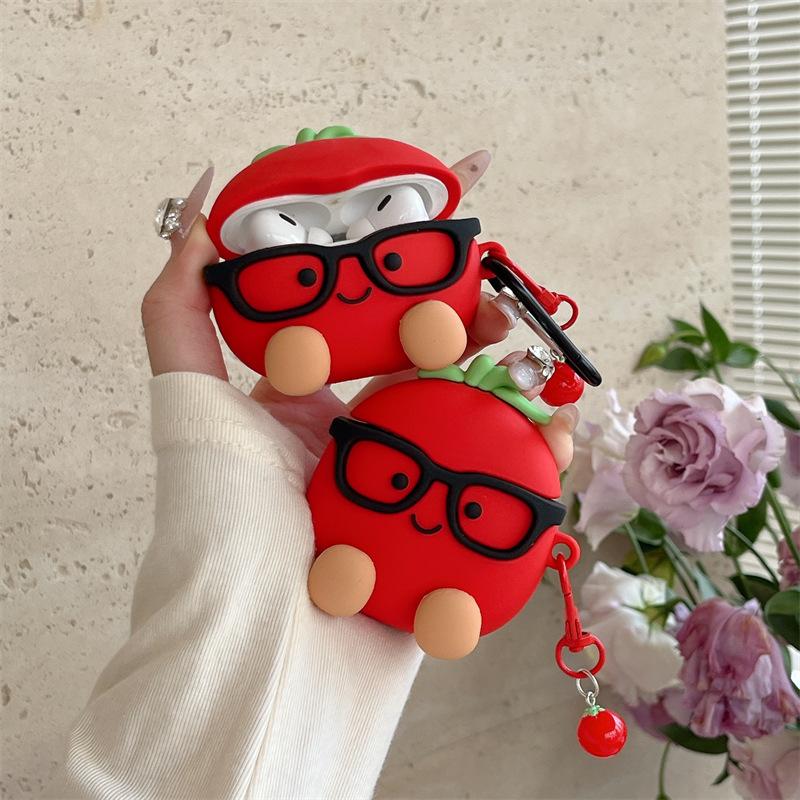 Cute 3D Tomato Shape Case Soft Silicone Protect Cover With Cherry Charm Compatible With AirPod Cover 1/2/3/4/Pro/Pro 2/Pro 3