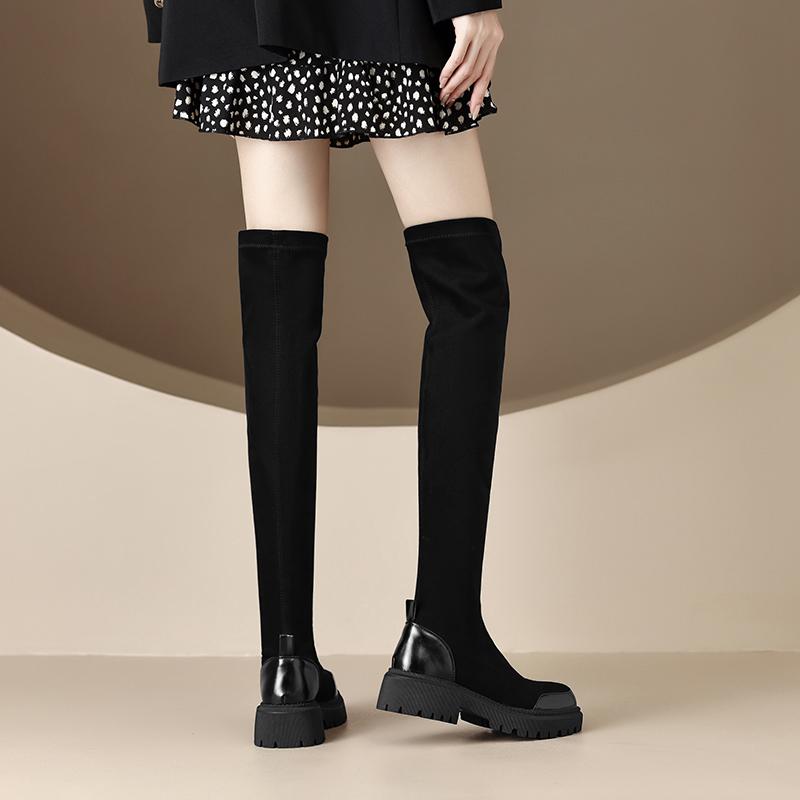Krazing Pot Flock Autumn Winter Shoes Med Heels Size 43 Stovepipe Boots Round Toe Keep Warm Zipper Over-the-knee Boots