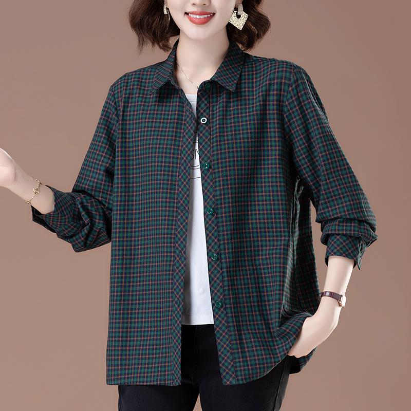 

Новая осенняя клетчатая хлопковая рубашка 2025 года для женщин среднего и пожилого возраста - Большой размер, отложной воротник, хлопок-лен 2XL (67.5-75 kg) синий