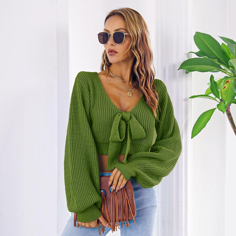 

Осень Зима Женские Свитера Топы Свитера Женские Женские Модные Бант V-образный вырез Рукав-фонарик Укороченный топ Свитер L зелёный