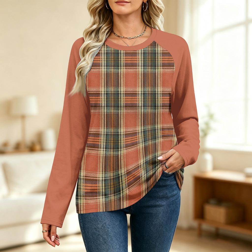 Women's Fashion Printed Long Sleeve Neck Raglan Sweatshirt with Color Block
