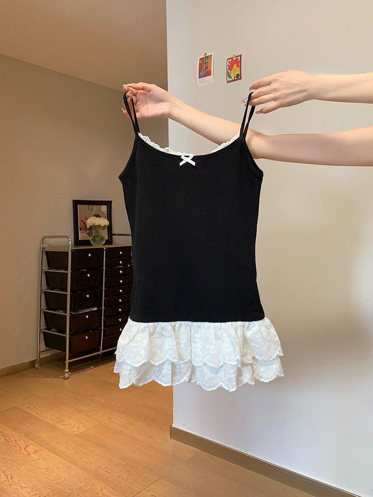 Women's White Bow Spaghetti Strap Ballet Tank Top with Lace Ruffle Hem