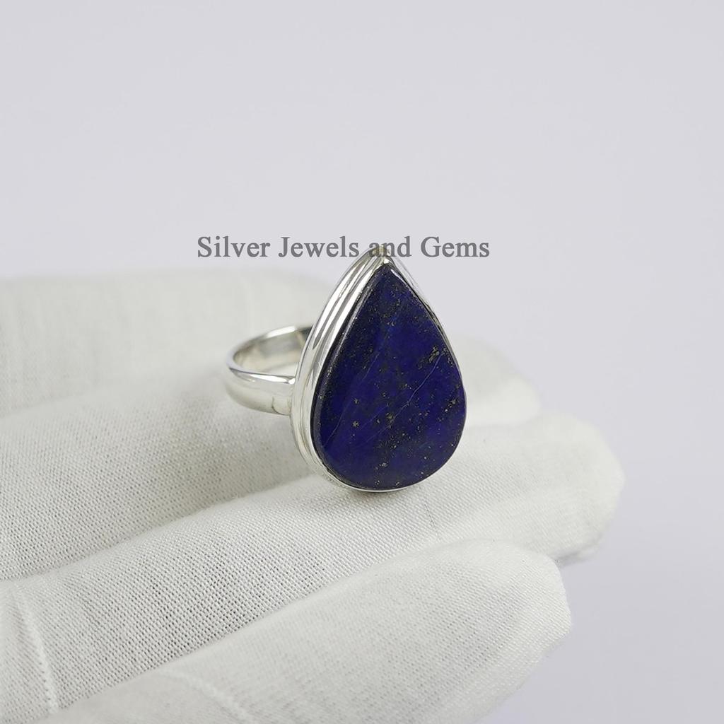 Teardrop Lapis Lazuli Ring, Handmade 925 Sterling Silver, Taurus Birthstone