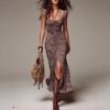 Style Retro Print Waist High Split Long Dress Slim and Thin Bohemian, Elastic Dress