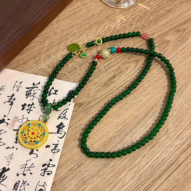 Ethnic Style Hollow Carved Lucky Bag Pendant Green Imitation Jade Handmade Beaded Long Necklace