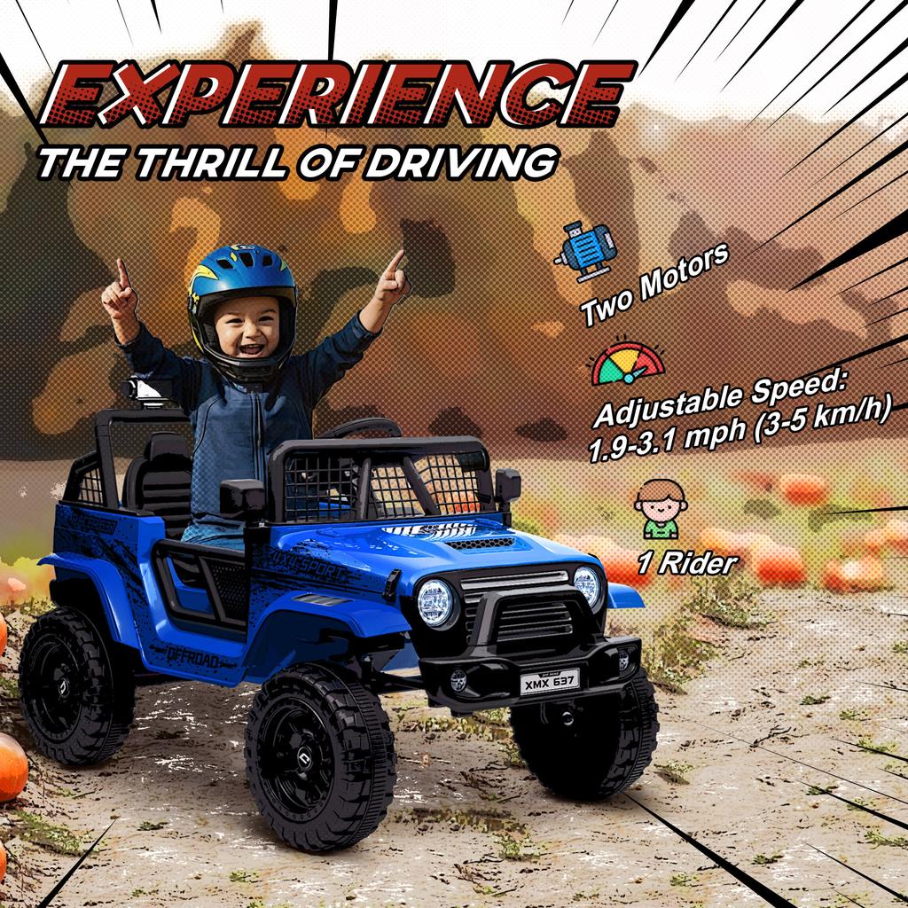 12V Battery Powered Kids Ride-On Car, Electric Truck W/ Spring Suspension, Remote, Music, Horn, Lights, Blue