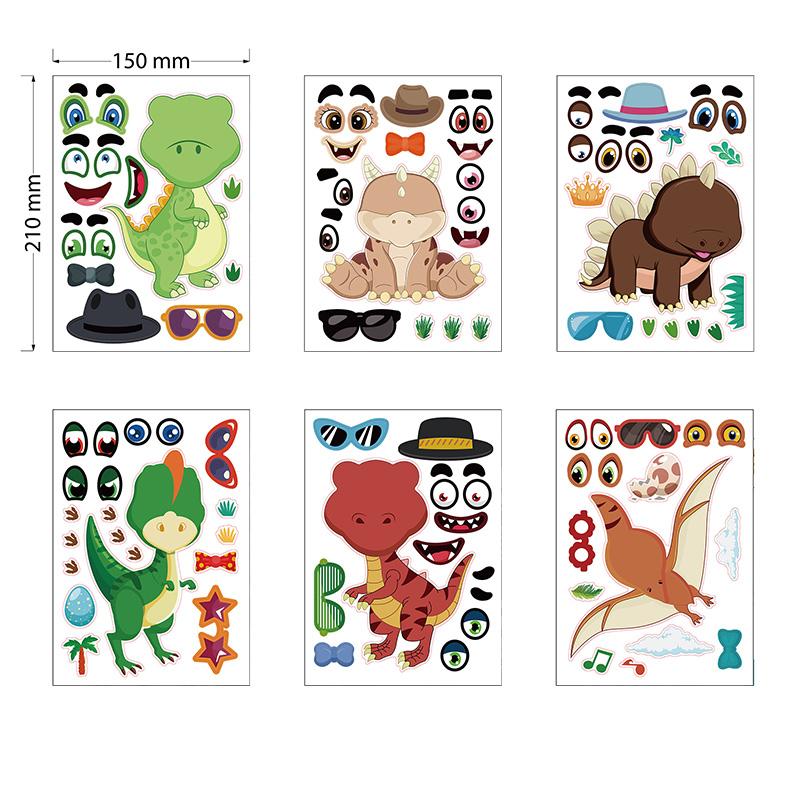 6 Sheets/Set Cartoon Dinosaur Make A Face DIY Stickers for Children Gift Do-it-yourself Assembly Game Sticker Decoration