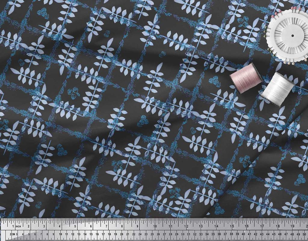 Soimoi Schwarzer Japanischer Krepp-Satin Stoff Blätter & Floral Karomuster Stoff pro Meter 42 Zoll