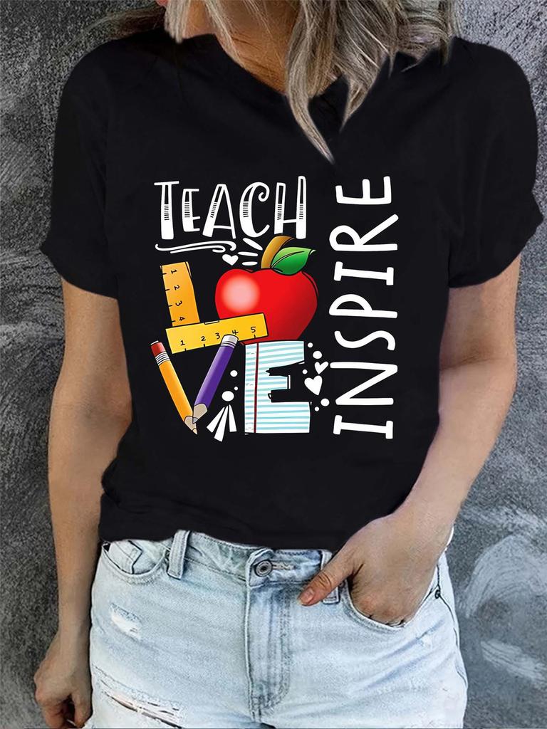 Teacher Letter Print Short Sleeve T-shirts Crew Neck Casual Top For Summer  Spring Women's Clothing Classic Design Casual Trend