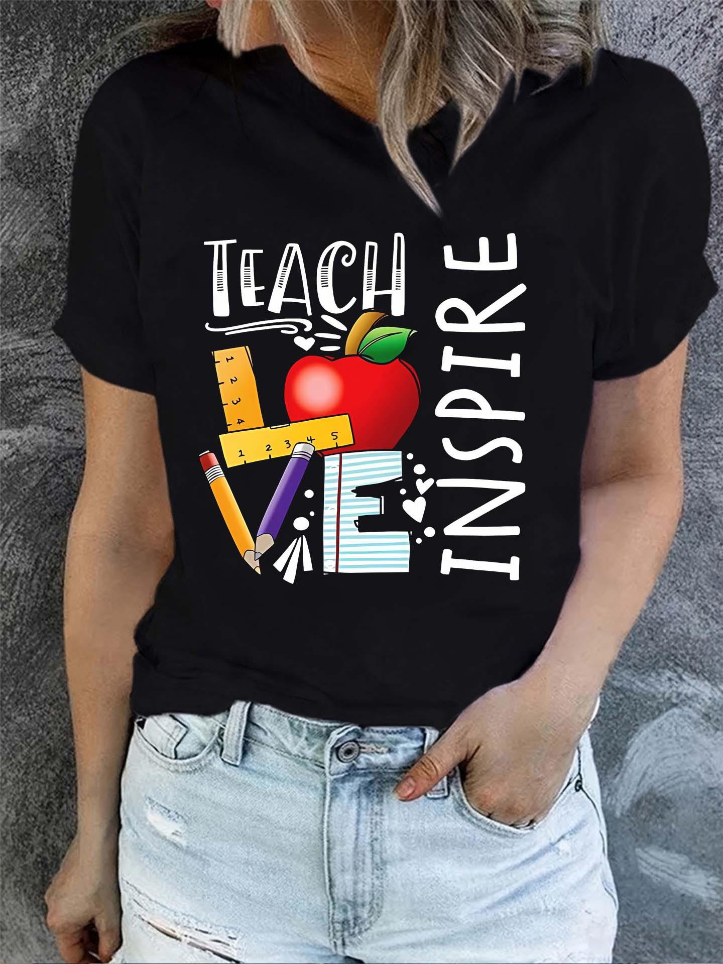 

Учитель Принт Футболки с коротким рукавом Круглый вырез Повседневный топ на лето весну Женская одежда Классический дизайн Повседневный тренд 4XL