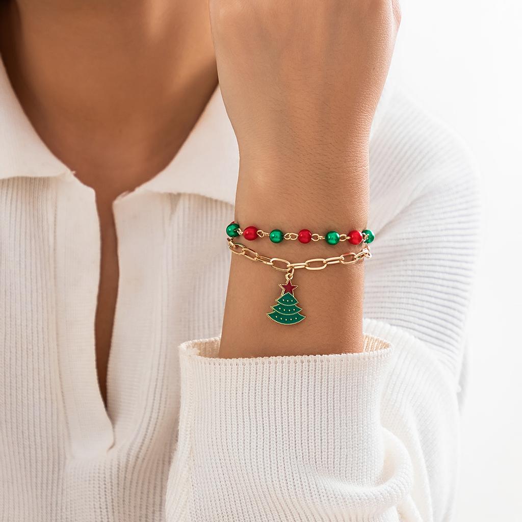 Ingemark 2026 Neuer Weihnachtsbaum Anhänger Armbänder für Frauen Trendige Rot Grün Abwechselnde Perlen Kette Armreifen Paar Schmuck Geschenk