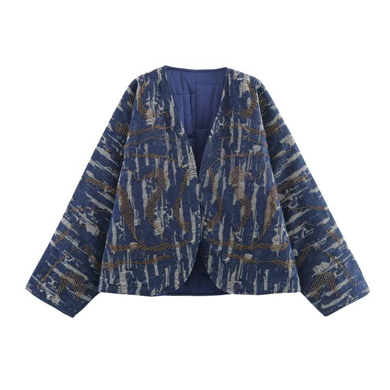 Za New Fall Women's Clothing 2025 Fashion Wind Beaded Denim Effect Cotton Coat Kimono Coat 1023228