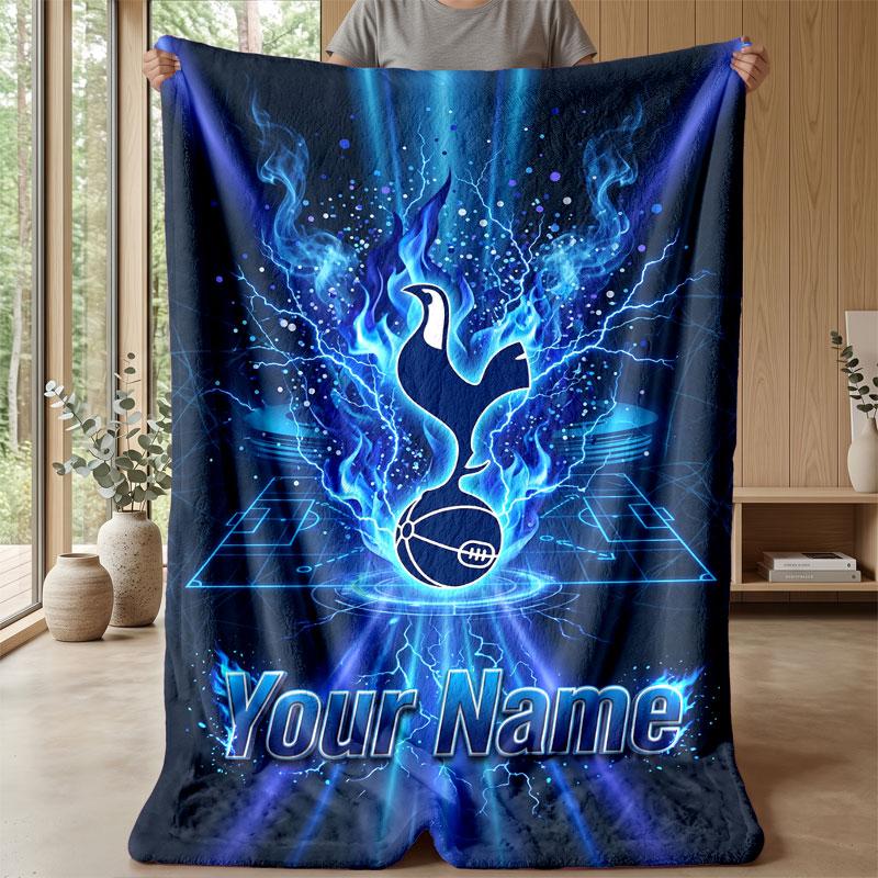 Tottenham Hotspur FC Custom Name Text Flannel Blanket Soccer Logo Personalized Fleece Throw Blanket Special Gift For Sofa Bedroom Home