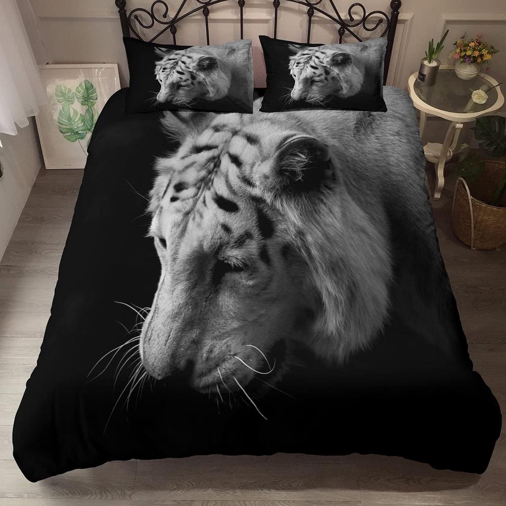 Tiger Duvet Cover Set King Size 3D White Tiger Bedding Sets Wild Animals Pattern Comforter Cover Set For Boys Girls Quilt Cover