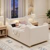 Cama Infantil 90 x 200 cm, Cama Tapizada, con Barandilla de Seguridad, Luz Nocturna, Puerto de Carga USB y Compartimentos de Almacenamiento, Patas de Madera Maciza, Bouclé Beige