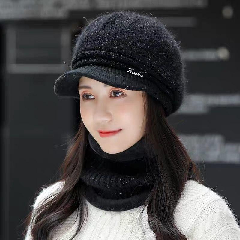 Strickmütze Damen Vielseitige Mütze Schal Zweiteiliges Set Winter Geeignet für großes Gesicht Warm und Samt Mutterhut