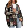 Women's Fashion Long Sleeve Christmas Print V-Neck Button Loose Cardigan Top