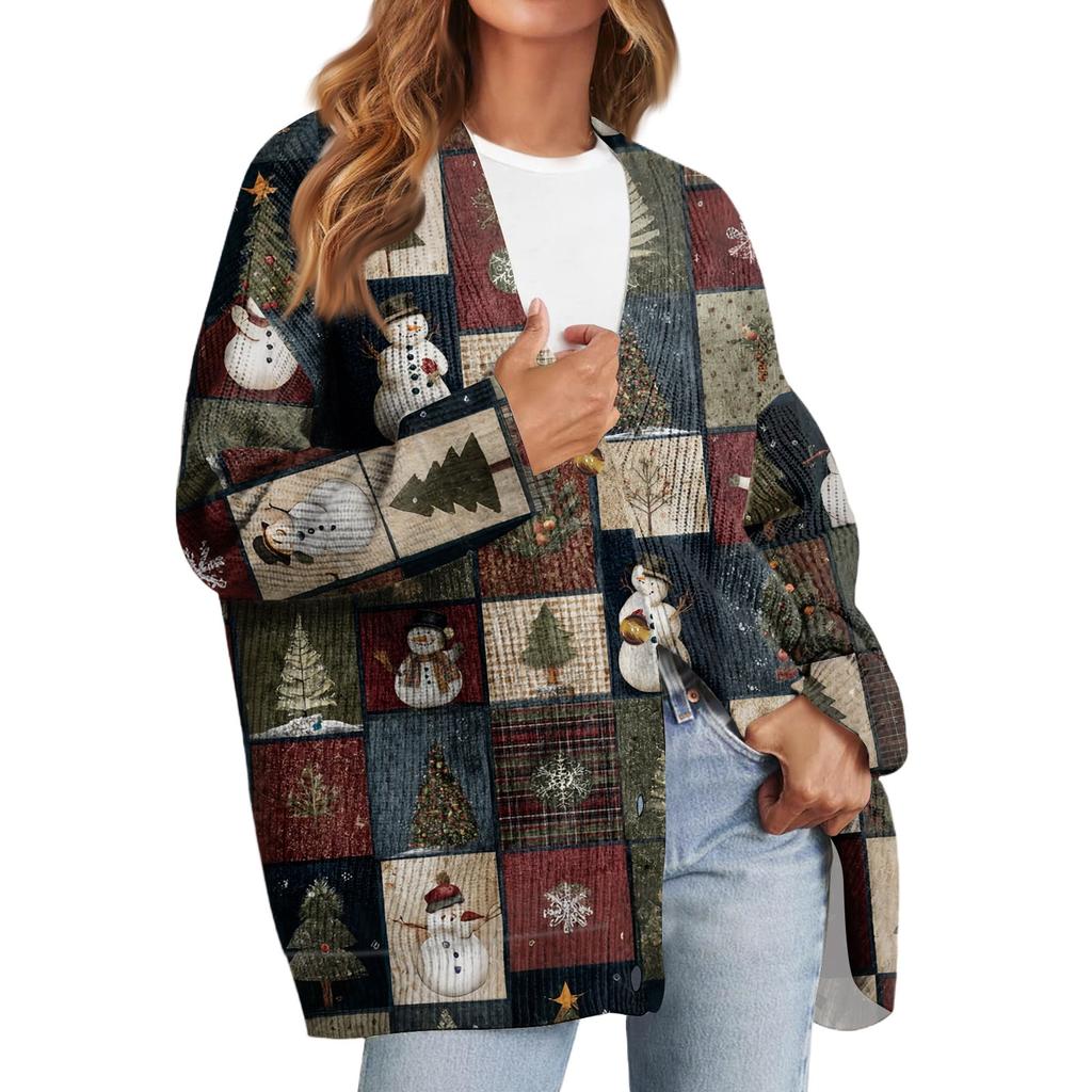 Women's Fashion Long Sleeve Christmas Print V-Neck Button Loose Cardigan Top