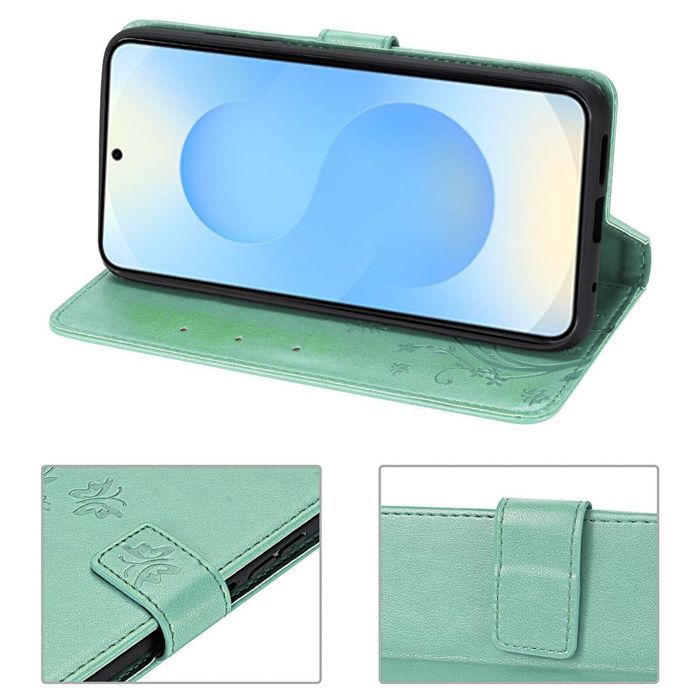 Coque pour Samsung Galaxy S25 - BOOLING - Antichoc Cuir PU Vert Motif Fleur Papillon - 2 Verres Trempés