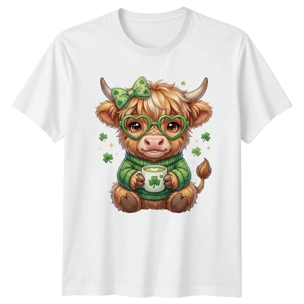 Cute Highland Cow With Shamrock Unisexs TShirt St Patricks Day Gift For Her S