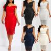 Off Shoulder V Neck Lace Midi Dress Short Sleeve Sheer Waist Multicolor Bodycon Sexy Full Lace Evening Party Formal Cocktail Knee Length Gown