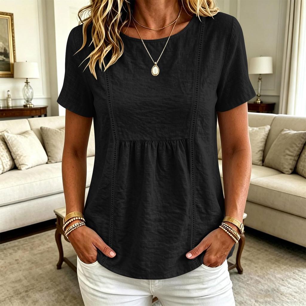 Women's Fashion Solid Color Round Neck Short Sleeve Patchwork Casual T Shirt Top Lightweight Comfortable Summer Tee