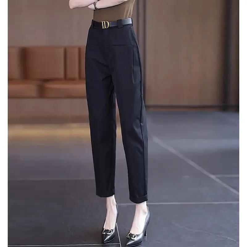 Spring and Autumn Women's Solid Color High Waist Slim Halun Pants Button All Match Pockets Fashion Casual Commuter Trousers
