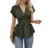 Women Tops V-neck Raglan Short Sleeve Shirt Pleated Hem Solid Color Waist-Hugging Regular Fit Tops Daily Wear